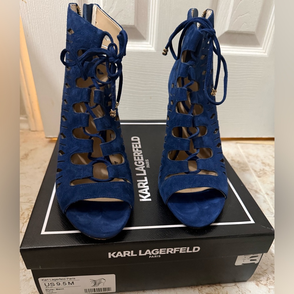 Karl Lagerfeld Blue Suede Lace-Up Cutout Heels size 9.5